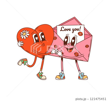 Cartoon groovy valentine day envelope character kisses with heart. Isolated vector vintage holiday mail or letter retro personages experience love, joy and affection, romantic symbol or loving message 121475451
