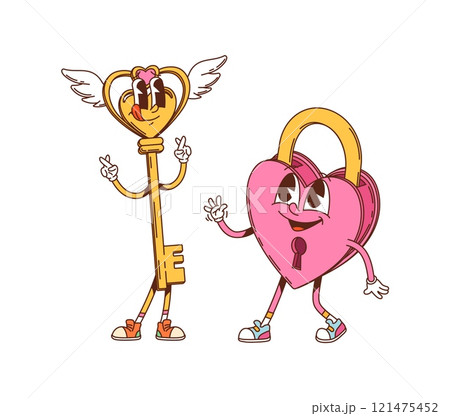 Cartoon groovy valentine heart lock and key characters. Adorable heart shaped padlock sticking tongue and key is smiling. Vector holiday retro personages featuring love, security and happy relations 121475452