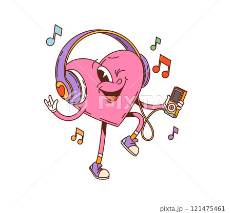 Cartoon groovy pink heart Valentine character enjoying music with headphones. Isolated vector cute romantic personage dancing, radiating pure joy, relaxation, love and music surrounded with notes 121475461