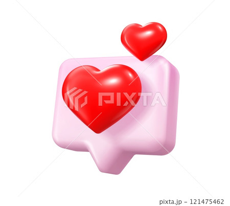3d love heart bubble icon, social media message. Isolated speech bubble with red hearts emerging, symbolizing love, digital communication, social engagement, online connection and positive reactions 121475462