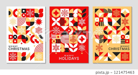 Christmas abstract geometric Bauhaus posters with snowflakes. Vector vertical cover templates with vibrant red, gold, and black colors create retro modern holiday feel, seasonal winter backgrounds 121475463
