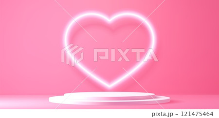 Valentine podium stand with heart. 3d vector radiant heart shaped neon light and circular stage set against a soft pink background for valentines day promotions, romance and stylish modern displays 121475464