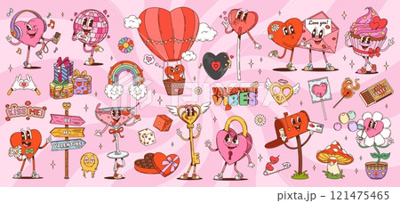 Cartoon groovy valentine characters and symbols. Vector set of hearts, love messages, balloons, gifts and playful retro personages at pink spiral background. Patches for romantic and festive decor 121475465