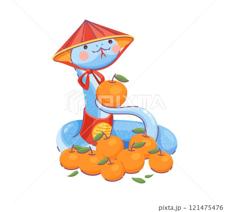 Cute cartoon blue snake character in traditional conical hat curled beside a pile of mandarin fruits and holding one on its tail, symbolize prosperity and good luck for the 2025 Chinese Lunar New Year Cute cartoon blue snake character in traditional conical hat curled beside a pile of mandarin fruits and holding one on its tail, symbolize prosperity and good luck for the 2025 Chinese Lunar New Year 121475476