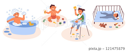 Vector illustration set of toddler daily routines. Bathing, eating, sleeping scenes, baby crying and playing. Flat cartoon compositions, bright colors, collection for parenting and childhood themes Vector illustration set of toddler daily routines. Bathing, eating, sleeping scenes, baby crying and playing. Flat cartoon compositions, bright colors, collection for parenting and childhood themes 121475879