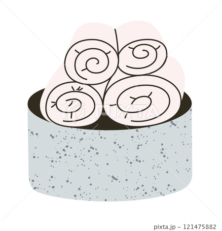 Vector illustration of fabric laundry basket filled with folded clean towels. Flat cartoon style, pastel colors, perfect for home, bathroom, hygiene, and household themes, isolated colored clipart 121475882