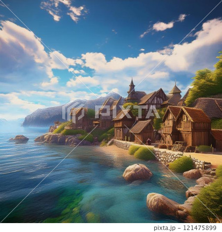 small house on the shore of the sea 121475899