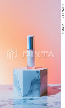 Luxury Cosmetic Bottle on Marble Pedestal with Gradient Background 121476004
