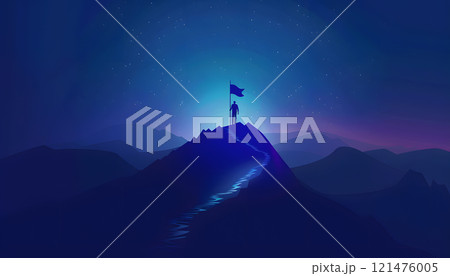 Climber Reaches Summit with Flag Under Starry Night Sky 121476005