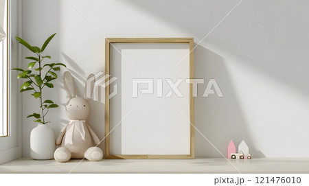 Empty Frame Mockup with Bunny Toy, Plants and Decor 121476010
