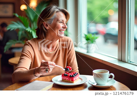 Vivacious mature woman celebrates Valentine's Day alone in cafe and enjoys life and heart-shaped berry cake 121476179