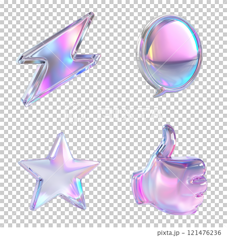 Set of 3D icons with glossy effect: speech bubble, lightning, star, thumbs-up, transparent design with gradient reflections, futuristic minimalist style, modern interfaces, graphic design, white Set of 3D icons with glossy effect: speech bubble, lightning, star, thumbs-up, transparent design with gradient reflections, futuristic minimalist style, modern interfaces, graphic design, white 121476236