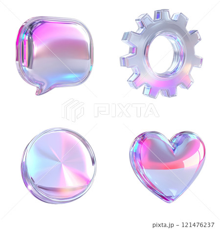 Set of stylish 3D icons with glossy effect: speech bubble, gear, heart, circle in transparent design with gradient reflections, futuristic minimalist style, modern interfaces, graphic design, white 121476237