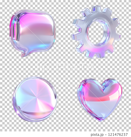 Set of stylish 3D icons with glossy effect: speech bubble, gear, heart, circle in transparent design with gradient reflections, futuristic minimalist style, modern interfaces, graphic design, white 121476237
