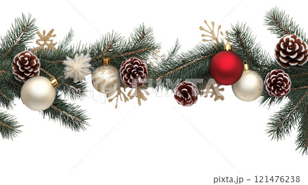 Christmas holiday background. Christmas tree arch frame with balls. Christmas decoration. For holiday headers, banners, party posters. Xmas border of sprigs with pine cones over white background Christmas holiday background. Christmas tree arch frame with balls. Christmas decoration. For holiday headers, banners, party posters. Xmas border of sprigs with pine cones over white background 121476238