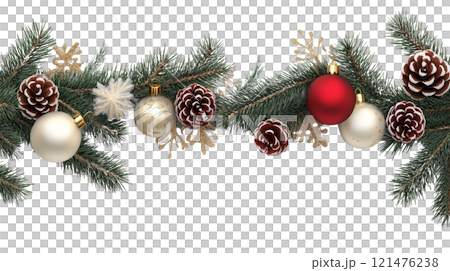 Christmas holiday background. Christmas tree arch frame with balls. Christmas decoration. For holiday headers, banners, party posters. Xmas border of sprigs with pine cones over white background Christmas holiday background. Christmas tree arch frame with balls. Christmas decoration. For holiday headers, banners, party posters. Xmas border of sprigs with pine cones over white background 121476238