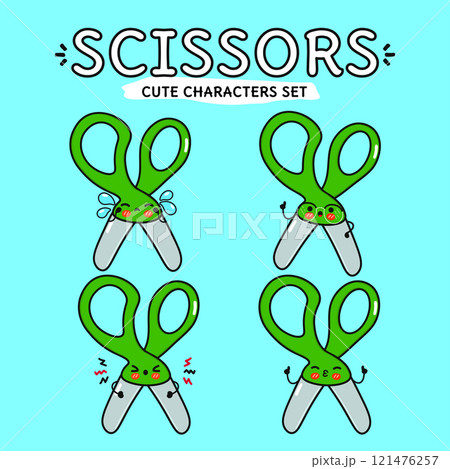 Cute Scissors characters set with playful expressions and actions. Vector hand drawn doodle style cartoon character illustration. Isolated on blue background. Scissors mascot character collection 121476257