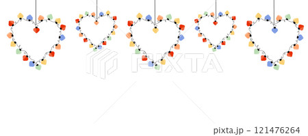 Horizontal template with heart shaped garland lights. Decorative design elements with colorful light bulbs for Valentine's day card, wedding invitation, web banner, poster. 121476264
