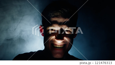A man in the dark with a disturbing, wide grin, lit from below with dramatic shadows, evoking an eerie and haunting atmosphere. A concept of fear and suspense. A man in the dark with a disturbing, wide grin, lit from below with dramatic shadows, evoking an eerie and haunting atmosphere. A concept of fear and suspense. 121476313