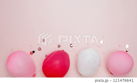 Concept of festive birthday celebrations. Birthday attributes colorful balloons, confetti 121476641