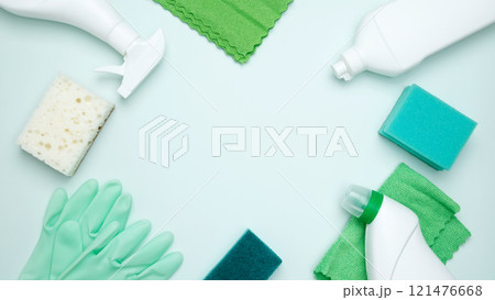 Concept of cleanliness and hygiene. Cleaning supplies and tools, including bottles, gloves, sponges, cloths 121476668