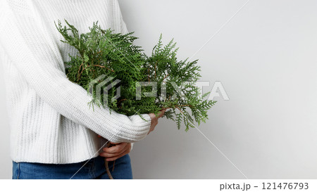 Winter and natural beauty, woman in a white sweater holding thuja branches Winter and natural beauty, woman in a white sweater holding thuja branches 121476793