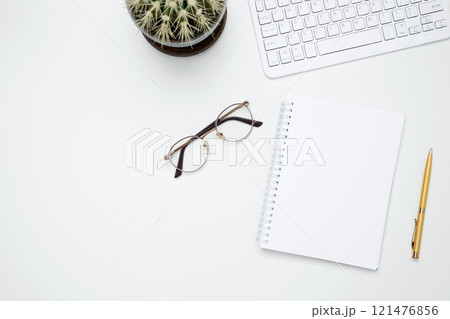 Flat lay composition with copy space. Office workspace and productivity concept. Mock up notebook Flat lay composition with copy space. Office workspace and productivity concept. Mock up notebook 121476856