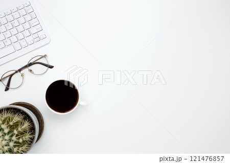 Flat lay composition with copy space. Office workspace and productivity concept Flat lay composition with copy space. Office workspace and productivity concept 121476857