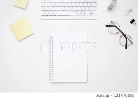 Flat lay composition with copy space. Office workspace and productivity concept. Mock up notebook Flat lay composition with copy space. Office workspace and productivity concept. Mock up notebook 121476859