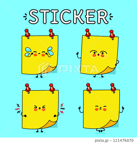 Cute Sticker characters set with playful expressions and actions. Vector hand drawn doodle style cartoon character illustration. Isolated on blue background. Posted notes mascot character Cute Sticker characters set with playful expressions and actions. Vector hand drawn doodle style cartoon character illustration. Isolated on blue background. Posted notes mascot character 121476870