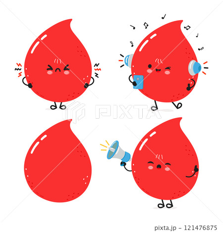 Funny blood drop characters bundle set. Vector hand drawn doodle style cartoon character illustration icon design. Cute blood drop mascot character collection 121476875