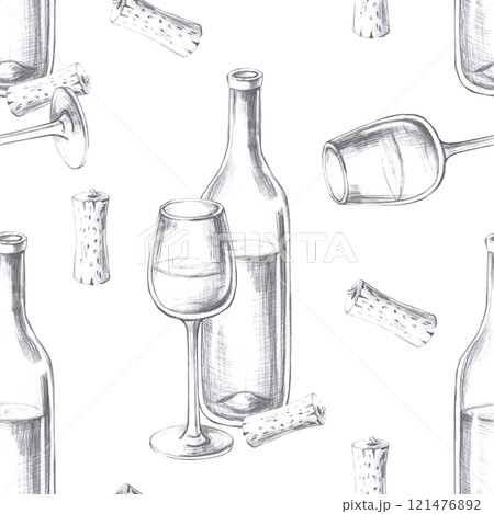 Seamless pattern with a composition of a bottle and grape vine. Cool illustration on a graphite background for the design of farm products, restaurant wine lists, cafe decoration. 121476892