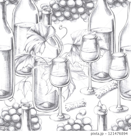 Seamless pattern with bottles, cork, glasses and bunches of grapes. Cool illustration on white background for farm products design, restaurant wine lists, printing on packaging and fabric. 121476894