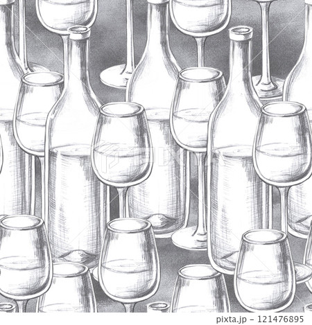 Seamless pattern with bottles, entwined grapes and a glass. Cool illustration on a graphite background for the design of farm products, restaurant wine lists, printing on packaging and fabric. 121476895