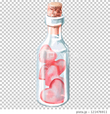 Magic bottle with a cork with hearts inside. Isolated watercolor illustration for the design of gift products for Valentine's Day, printing on posters, clothes, fabric, decorating children's rooms. Magic bottle with a cork with hearts inside. Isolated watercolor illustration for the design of gift products for Valentine's Day, printing on posters, clothes, fabric, decorating children's rooms. 121476911
