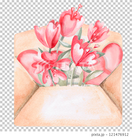 Envelope filled with saddles and flowers. Isolated watercolor illustration for design of gift products for Valentine's Day, Mother's Day, poster printing, clothing, fabric, children's room decoration. Envelope filled with saddles and flowers. Isolated watercolor illustration for design of gift products for Valentine's Day, Mother's Day, poster printing, clothing, fabric, children's room decoration. 121476912