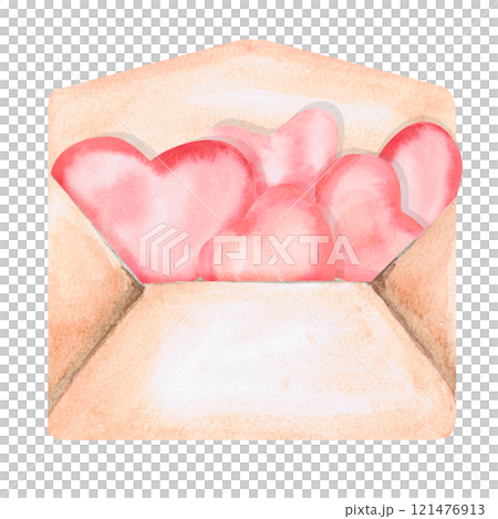 Envelope filled with little hearts. Isolated watercolor illustration for design of gift products for Valentine's Day, Mother's Day, poster printing, clothing, fabric, children's room decoration. Envelope filled with little hearts. Isolated watercolor illustration for design of gift products for Valentine's Day, Mother's Day, poster printing, clothing, fabric, children's room decoration. 121476913