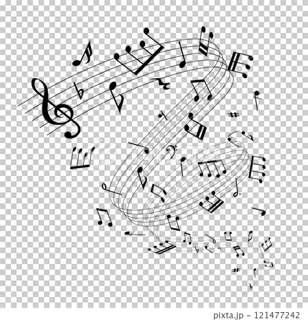 Spiral music sheet: background vector illustration of musical notes lined up on a staff 121477242