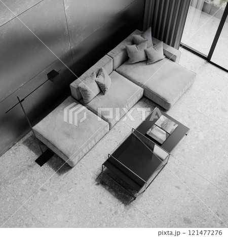 Contemporary minimalism gray interior with metal wall panels, sofa,coffee tables and terrazzo tile. Top view. 3d render illustration mockup. Contemporary minimalism gray interior with metal wall panels, sofa,coffee tables and terrazzo tile. Top view. 3d render illustration mockup. 121477276