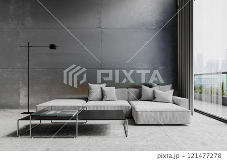Contemporary minimalism gray interior with metal wall panels, sofa, coffee tables, terrazzo tile and decor. 3d render illustration mockup. 121477278