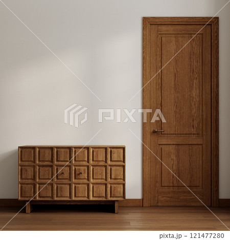 Interior with honey wood dresser, door, parquet floor and white blank wall. 3d render illustration mockup. 121477280