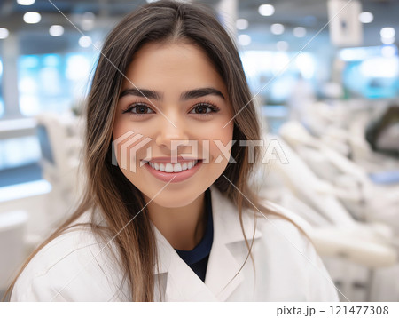 Smiling young woman in a white coat in a modern dental clinic Smiling young woman in a white coat in a modern dental clinic 121477308