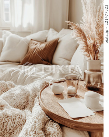 Cozy beige living space with a wooden tray holding coffee and decor Cozy beige living space with a wooden tray holding coffee and decor 121477323