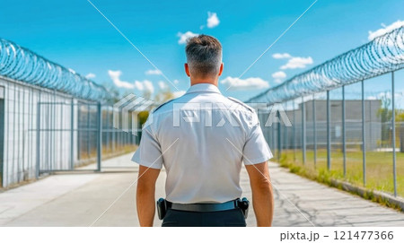 Prison guard surveying yard for threats Prison guard surveying yard for threats 121477366