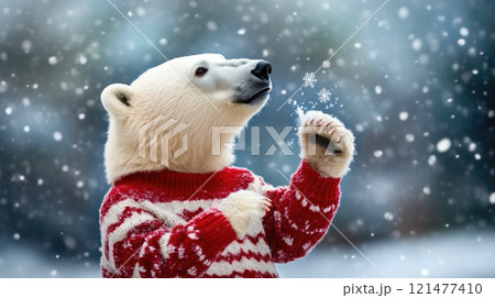 Polar Bear in Sweater Playing in Snow Polar Bear in Sweater Playing in Snow 121477410