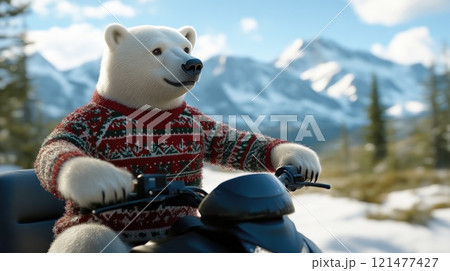 Snowmobile Ride with a Christmas Sweater-Clad Polar Bear 121477427