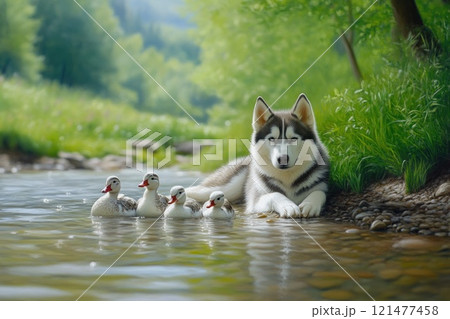 Siberian Husky observing ducks by peaceful pond 121477458