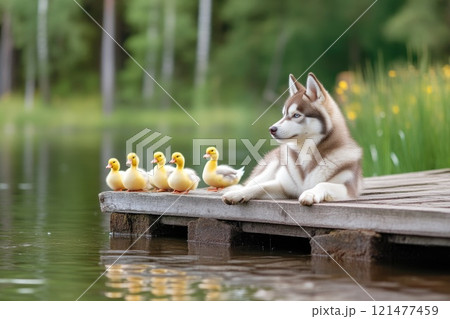 Relaxed Siberian Husky enjoying the calm pond scene 121477459