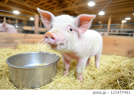 Farm Pig Resting in Fluorescent Lit Pen Farm Pig Resting in Fluorescent Lit Pen 121477481