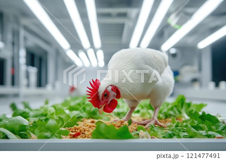 Indoor cage with chickens under bright white lighting Indoor cage with chickens under bright white lighting 121477491